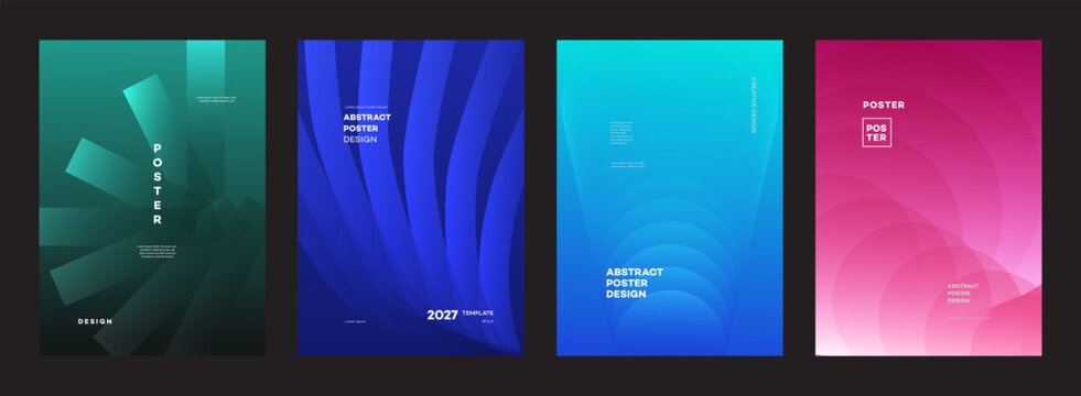 A collection of four modern abstract poster designs featuring colorful gradients, geometric rectangular shapes, elegant wavy lines, and concentric circles, 2027.