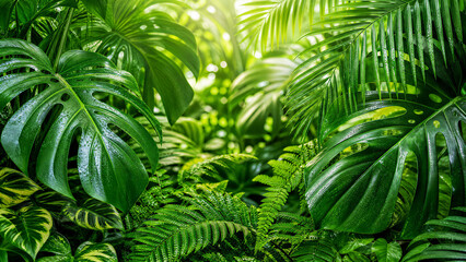 Green tropical monstera and palm leaves © Element 3D
