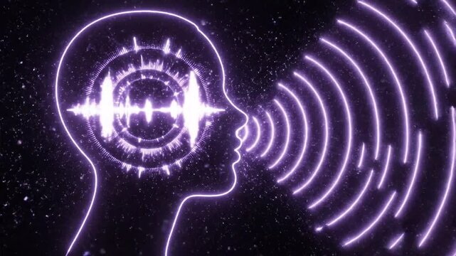 A human head emits a waveform of sound through its mouth in an abstract circle.