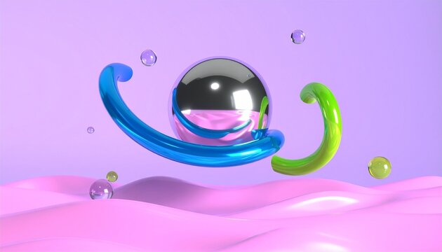 A vibrant and surreal 3D render featuring a floating chrome sphere and holographic bubbles on a glossy pink liquid surface.