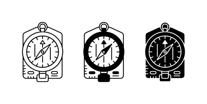 Set of three compass icons, navigation tool vector graphics, directional finder symbols for adventure and exploration