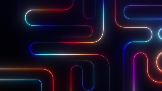 Modern abstract looping motion background of neon rainbow lines. Abstract colored glow line background. Multicolor vector lines animated background. Blue and red line VJ loop black background. 