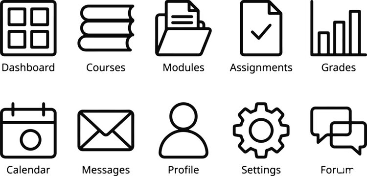 Black line icons for e-learning platform features
