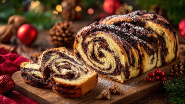 Chocolate swirl babka loaf sliced on wooden board with Christmas decorations
