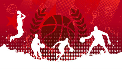 Basketball players silhouettes on red background, sport banner template © KR Studio
