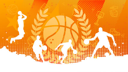 Basketball players silhouettes on orange background, sport banner template © KR Studio