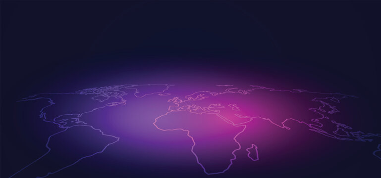 Neon world map with glowing lines on a dark purple gradient background