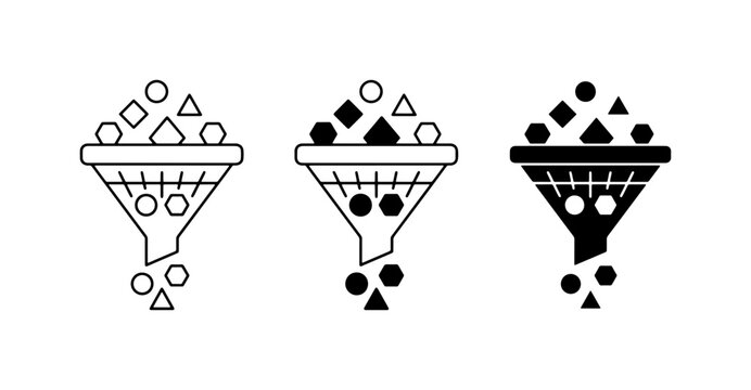 Funnel Icons Set: Filtering Data, Sorting Information, Processing Concepts, Geometric Shapes, Black and White Vector Graphics