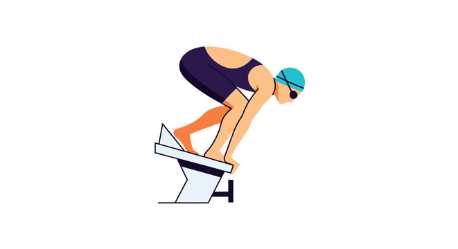 Swimmer poised on starting block ready to dive into water.