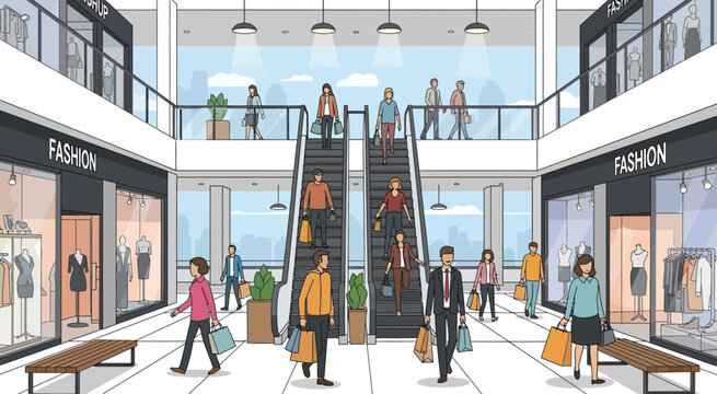 Inside a bustling shopping mall with diverse shoppers and storefronts, featuring escalators and walkways with natural light