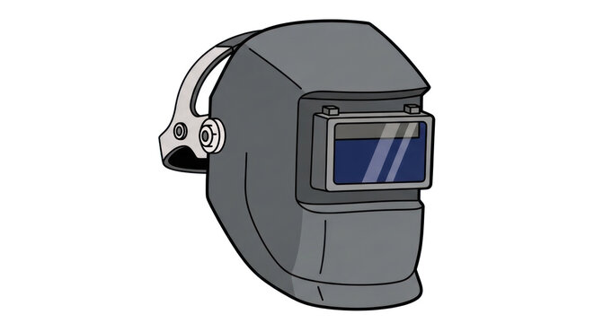 A worker wearing a welding helmet with a dark blue face shield