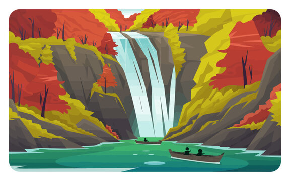 Illustration of a serene waterfall surrounded by autumn trees and people canoeing on river