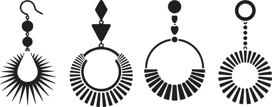 Set of four black silhouette statement earring designs with geometric patterns sunburst and fringe details for jewelry designs vector