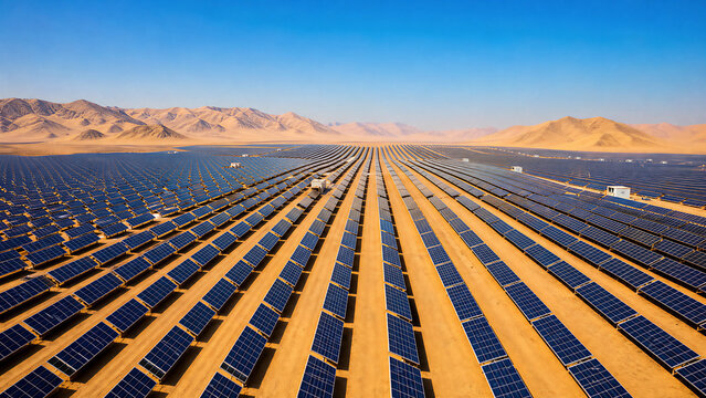 Solar panels in desert mountain landscape