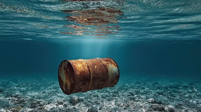 Rusted industrial barrel on the seabed, marine industrial pollution and environmental science concept
