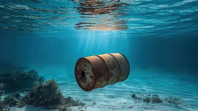 Rusted industrial barrel on the seabed, marine industrial pollution and environmental science concept