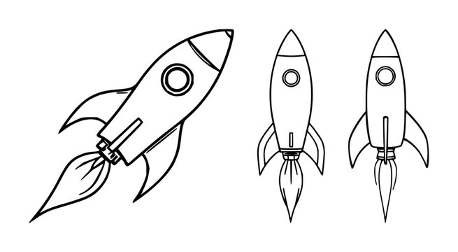 Rocket ship set with minimalistic and modern thin black line art design featuring a spacecraft, spaceship, rocket with a star and moon