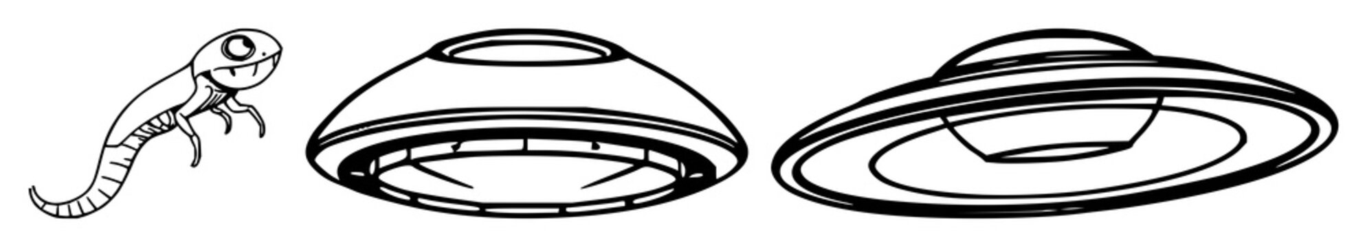 UFO set with simple black and white line art design featuring alien spaceship, flying saucer, outer space with unidentified object and extraterrestrial technology