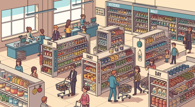 A bustling supermarket interior, where diverse shoppers navigate aisles, select groceries, and interact with staff at checkouts, illustrating a vibrant daily consumer experience