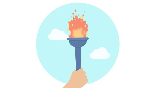 hand wave burning torch on blue sky background