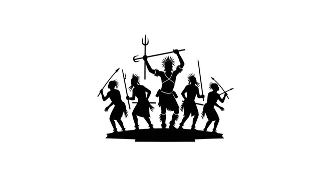 Silhouette of warriors with weapons standing.