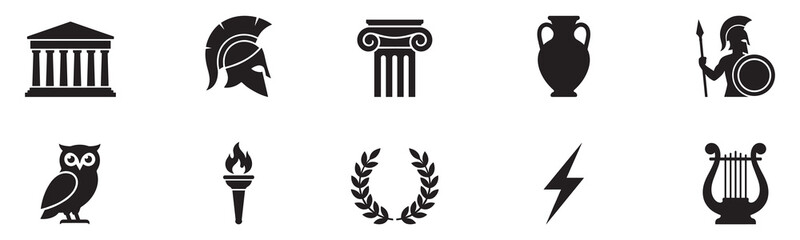 Fototapeta premium Ancient Greece icon set. Greek mythology and history symbols. Antique culture, architecture and philosophy elements. Spartan and Athenian legacy. Vector illustration.