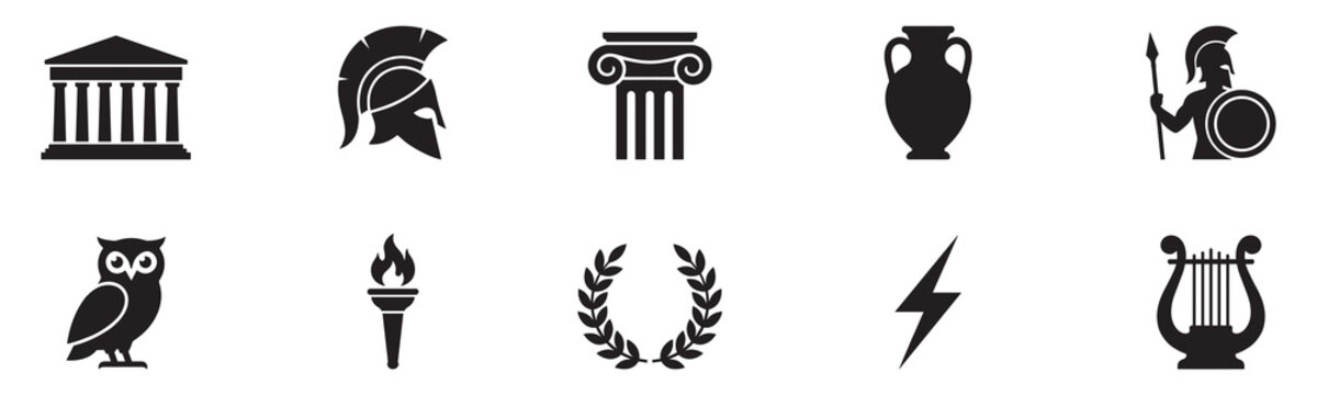Ancient Greece icon set. Greek mythology and history symbols. Antique culture, architecture and philosophy elements. Spartan and Athenian legacy. Vector illustration.