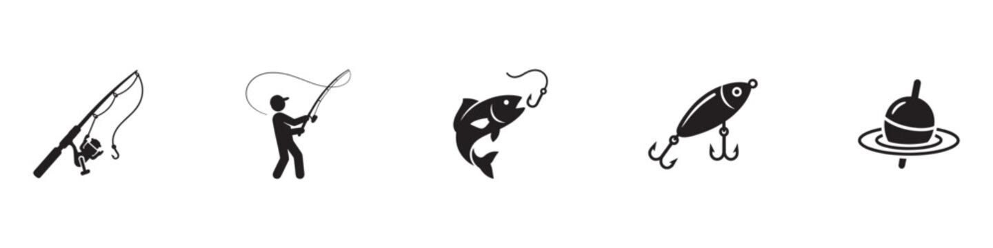 Fishing icon set. Fisherman, rod and tackle symbols. Fish catch and hobby equipment elements. Outdoor lake and river activity design. Vector illustration.