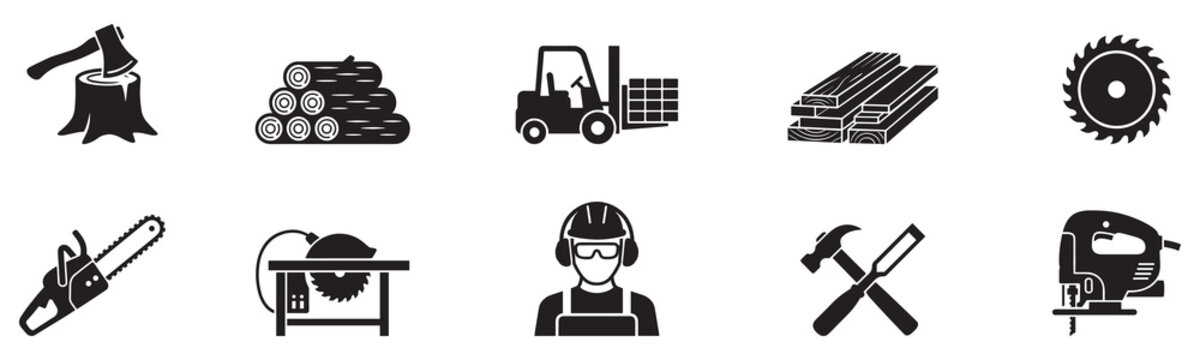 Woodworking and carpentry icon set. Timber industry and lumberjack symbols. Wood processing tools and equipment elements. Construction materials. Vector illustration.