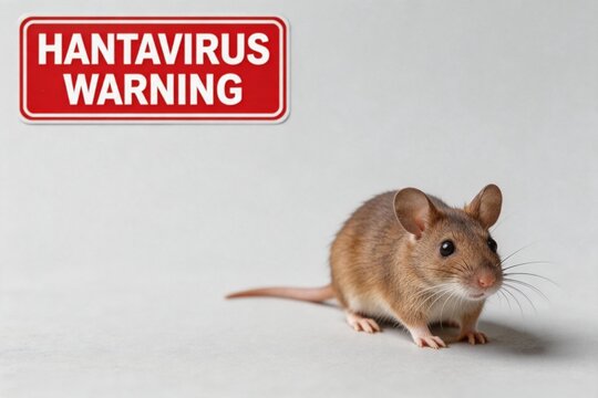 Mouse under red hantavirus warning sign on clean background