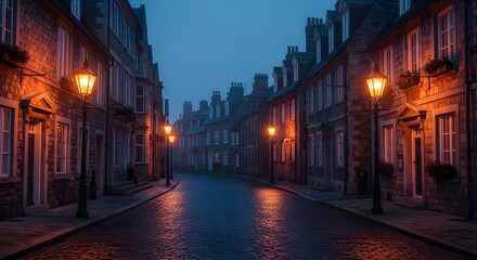 Fototapeta premium Foggy cobblestone street illuminated by vintage street lamps at dusk.