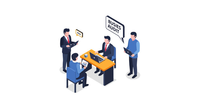 Isometric illustration of business team meeting for audit review.