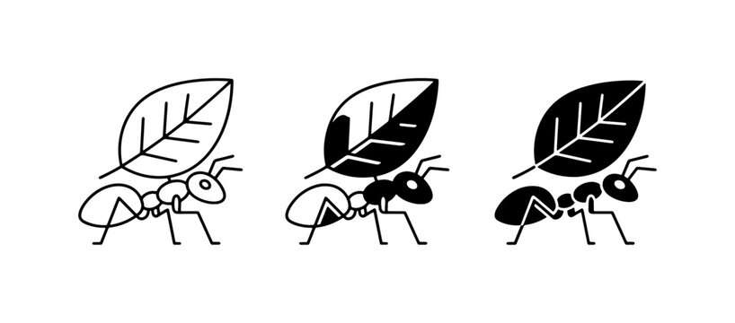 Ant Carrying Leaf Icons, Insect Vector Graphics, Minimalist Bug Illustrations, Teamwork and Nature Symbols