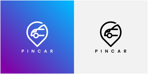 Modern logo design features a sleek, minimalist style. Gradient background adds visual appeal and depth. Icon combines car and location pin for travel or navigation themes © Ghoni