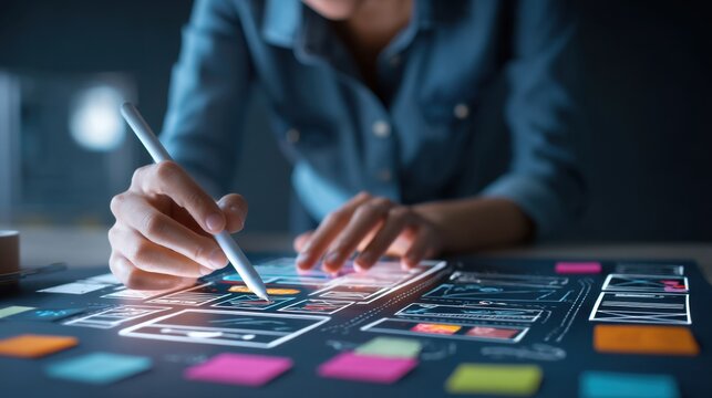 Creative Designer Working on User Interface Prototype with Stylus Pen on a Digital Tablet Surrounded by Colorful Sticky Notes and Concept Sketches in a Modern Workspace