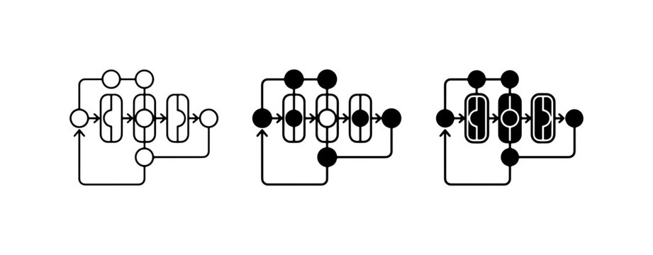 Abstract Flowchart Icons, Process Diagrams, Network Nodes, Data Flow, System Architecture, Technology Concepts, Minimalist Vector Graphics