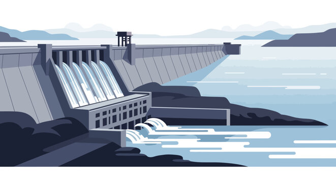Illustration of a hydroelectric dam harnessing water flow for energy generation in landscape