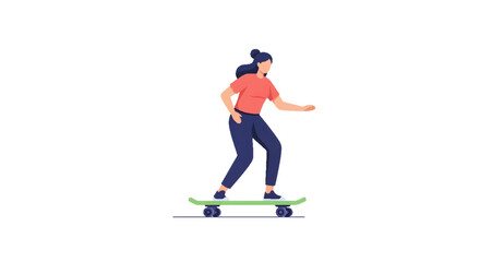 Fototapeta premium Young woman skateboarding with enthusiasm, showcasing an active urban lifestyle and outdoor recreation. Flat vector illustration on white background.