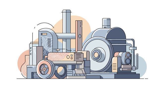 Industrial machinery depiction rendered in a clean, modern aesthetic with geometric designs
