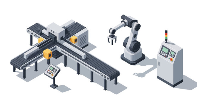 Isometric illustration of an automated industrial assembly line with robotic arm and machinery