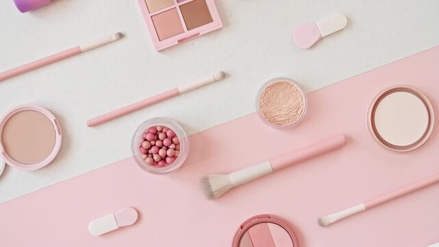 Professional decorative cosmetics, Makeup products and accessories. The beauty of the background with cosmetic facilities. Beauty, fashion, visage, skin care and shopping blogger concept. 4k