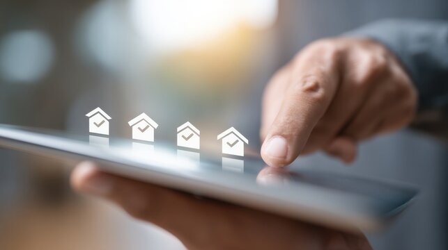 Hand Holding Tablet with Icons of Houses and Check Marks Representing Home Selection Process in Real Estate or Property Management Concept