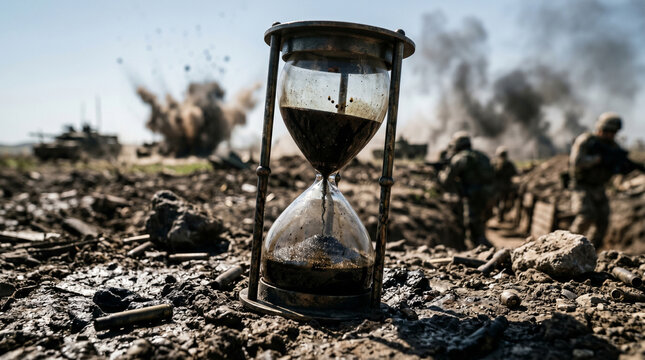 Hourglass oil timer symbolizing fossil fuel crisis and war conflict