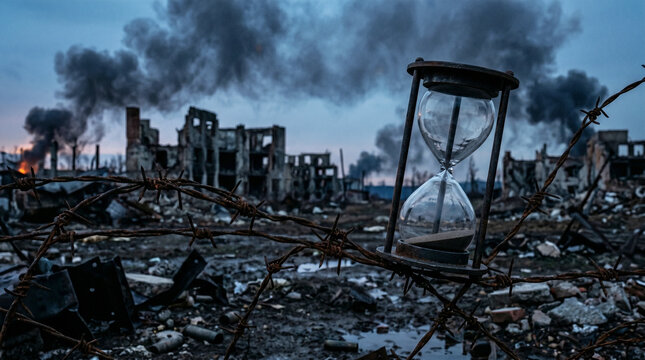 Hourglass oil depletion and fossil fuel crisis in war ruins