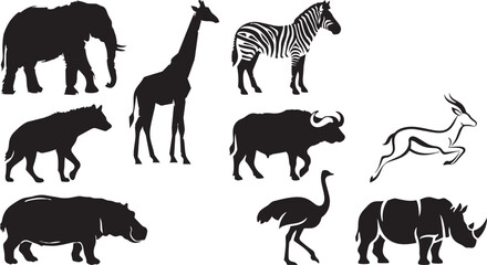 African animal silhouettes collection, elephant giraffe zebra buffalo antelope hippopotamus ostrich rhinoceros hyena wildlife safari vector illustration © MOSTSHAHANAJ