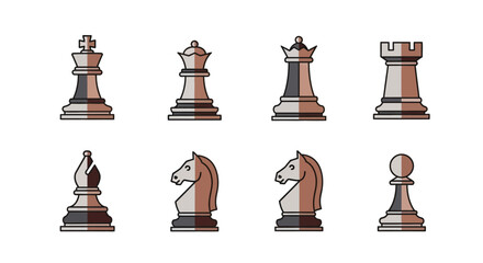 Illustrated chess pieces set against a clean white background vector artwork © dino