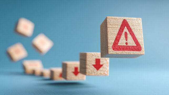 Wooden blocks with warning symbols and arrows create a visual representation of risk management, caution, and danger in modern design, suitable for safety and alert themes