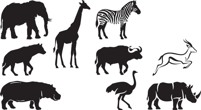 African animal silhouettes collection, elephant giraffe zebra buffalo antelope hippopotamus ostrich rhinoceros hyena wildlife safari vector illustration
