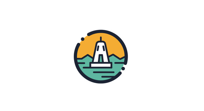 Minimalist graphic of a navigational buoy at sea in a circle, flat design, icon