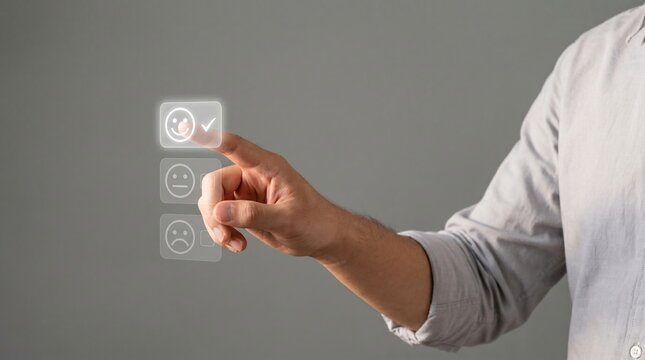 A hand selecting smiling feedback icon on virtual touchscreen interface, user rating interaction, customer satisfaction and positive review concept